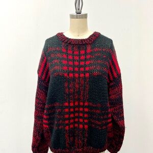 Hand Knit Vintage 80s Red + Black Plaid Crewneck Sweater